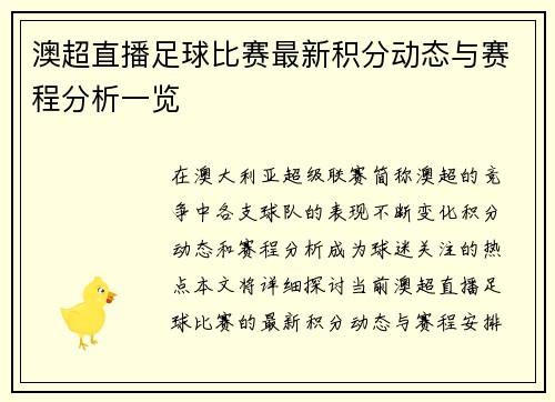 澳超直播足球比赛最新积分动态与赛程分析一览